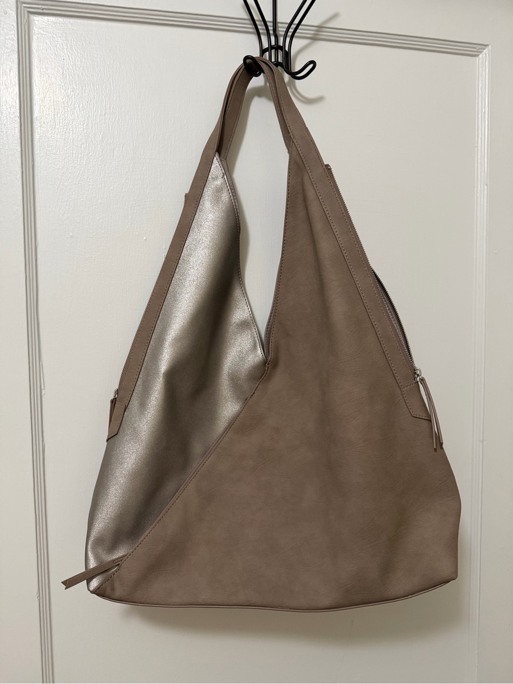 Stella & Dot Taupe Shoulder Hobo Bag with Silver Panel